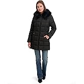 TAHARI Women's Fitted Quilted Puffer Coat With Attached Hood, Faux Fur Trim & Hand Warmer Pockets