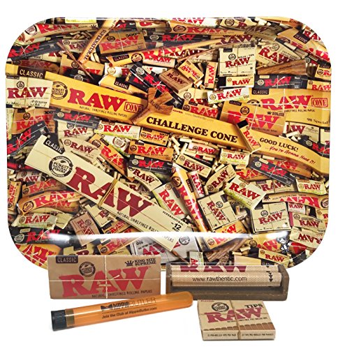Bundle - 5 Items - RAW King Size Supreme, 110 Roller and Pre-rolled Tips with RAW Rolling Tray Mix (Large) and Doob Tube