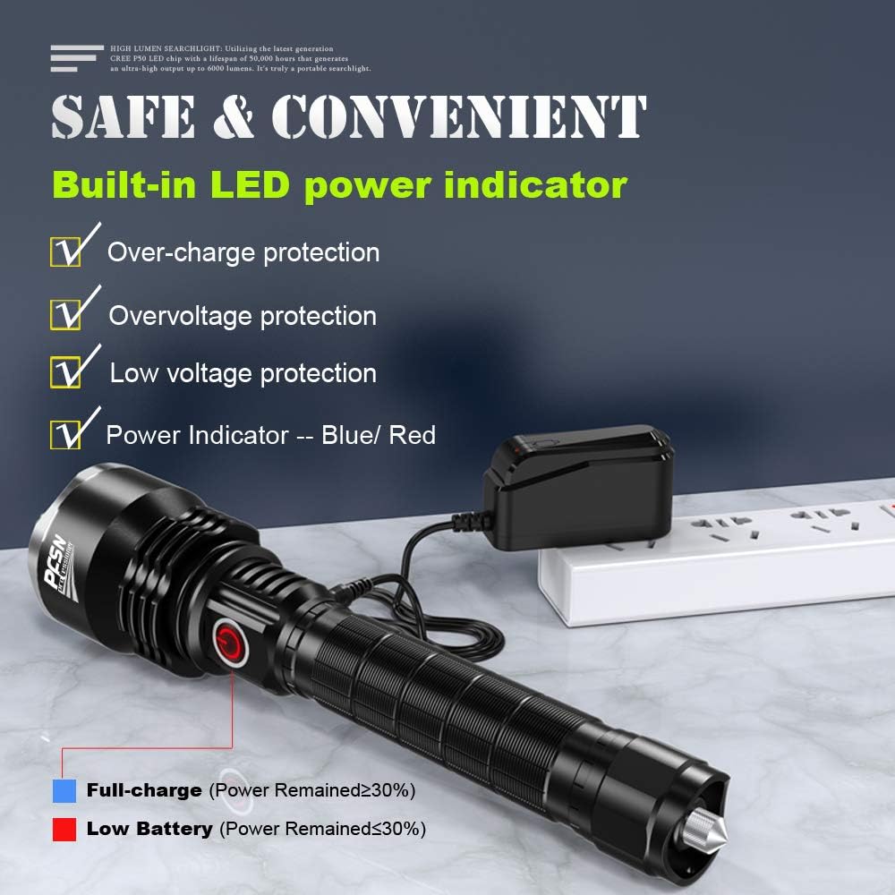 Super Bright Flashlight Rechargeable 6000 Lumen Waterproof High Powered Searchlight with Powerful P50 LED PFSN Brightest Tactical Torch Light Best for Outdoor Hunting Camping (26650 Battery Included) - - 