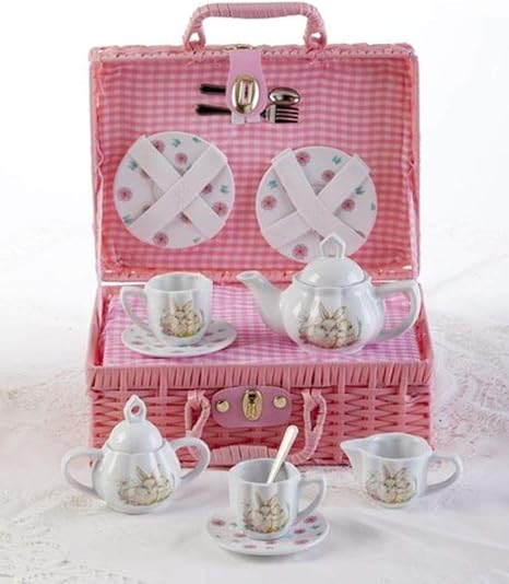 Porcelain Tea Set in Basket, Bunny 