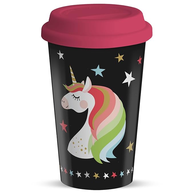 Die Geschenkewelt 45401 Becher mit Einhorn Motiv und Spruch, Porzellan mit Silikon Deckel, 45 cl,mit Silikon-Deckel, rosa, sc