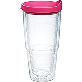 Tervis Clear & Colorful Lidded Made in USA Double Walled Insulated Tumbler Travel Cup Keeps Drinks Cold & Hot, 24oz, Fuchsia Lid