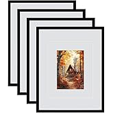 Serwrsw 11x14 Black Picture Frame with Double White Mat 4 Pack, 11 by 14 Family Wedding Frame Fits 3 Photo Sizes, with Mat for 5x7 or 8x10, without Mat for 11x14, Display on Tabletop or Wall