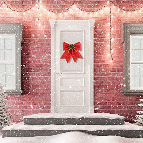 BigOtters Christmas Decorative Bows, 14.5 x 13 Inches Large Glitter Bows Sparkly Bows with Pine Cones for Wreath Garland Treetopper Xmas Tree Ornament Home Wall Door Decor, Red