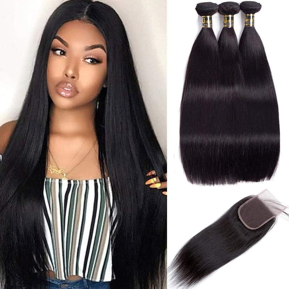 Uneed Hair 10A Straight Brazilian Hair Bundles with Closure(14 16 18+12free part) Brazilian Hair Weave Bundles with Lace Closure Human Hair Weave Natural Black