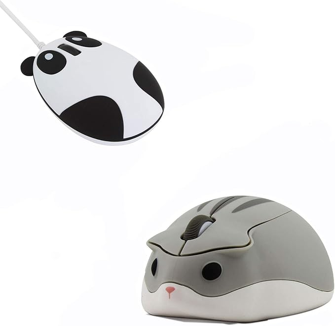 CHUYI 1 Pack Cute Hamster Shaped Wireless Optical Mouse Grey Color and 1 Pack Panda