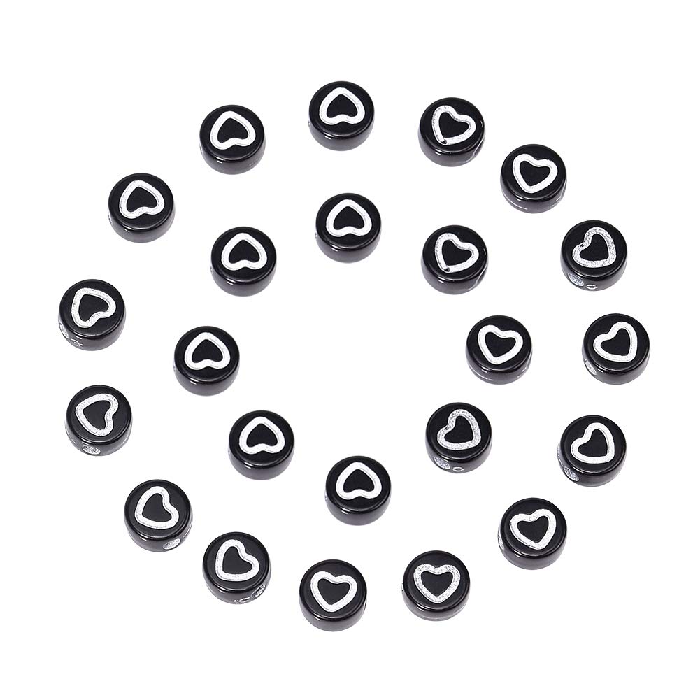 Cheriswelry About 400pcs Acrylic Black White Heart Beads Flat Round Pony Disc Loose Spacer Beads for Jewellery Bracelet Making Hole:1.5mm