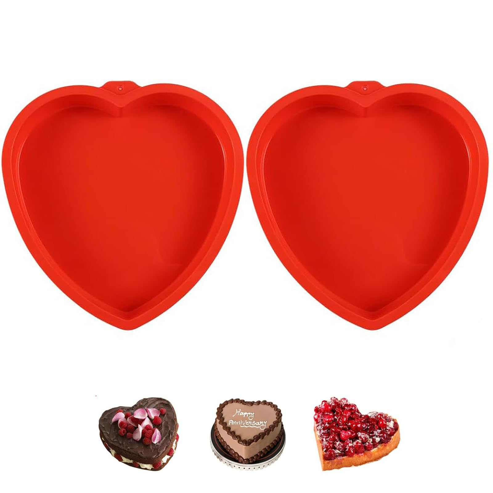 2PCS Heart Cake Tin, Heart Baking Tin, Heart Shaped Cake Tin, Silicone Love Heart Baking Tin, Nonstick Red Cake Mould Heart Cake Pan, Silicone Cake Tin for Baking, Silicone Baking Mould (8'')