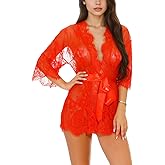 Hamefen dream love Women Kimono Robe Floral Lace Babydoll Lingerie Sheer Mesh Nightgown S-XXL