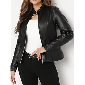 Women's Faux Leather Stand Collar Jacket Front Zipper Motorcycle Coat Non-Stretch Fabric for Autumn Winter Spring