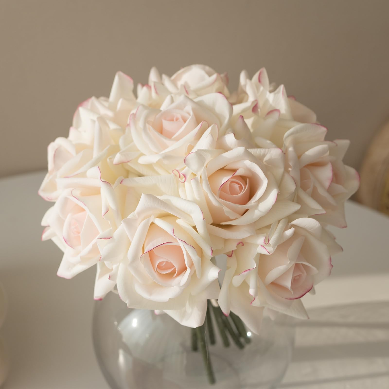 DUYONE Artificial Roses Single Stem 10pcs Fake Silk Flower Arrangement Bouquet Real Touch for Home Party Wedding Decoration(pink edge)