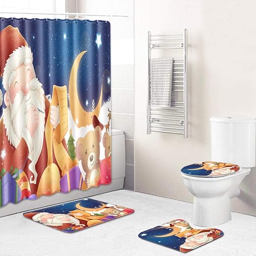 Amazon Com 16 Piece Christmas Themed Bathroom Set Holiday Reindeer Santa Shower Curtain Hooks Toilet Lid Cover Tank Cover Contour Rug Home Kitchen