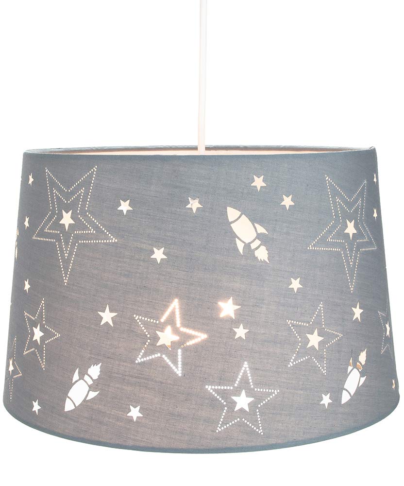 Fun Rockets and Stars Childrens/Kids Grey Cotton Bedroom Pendant or Lamp Shade Creates Stunning Effect Against The Wall by Happy Homewares