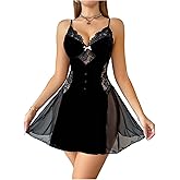 OYOANGLE Women's Floral Lace Mesh Slip Nightdress Bow Chemise Sleeveless Button Front Nightgowns