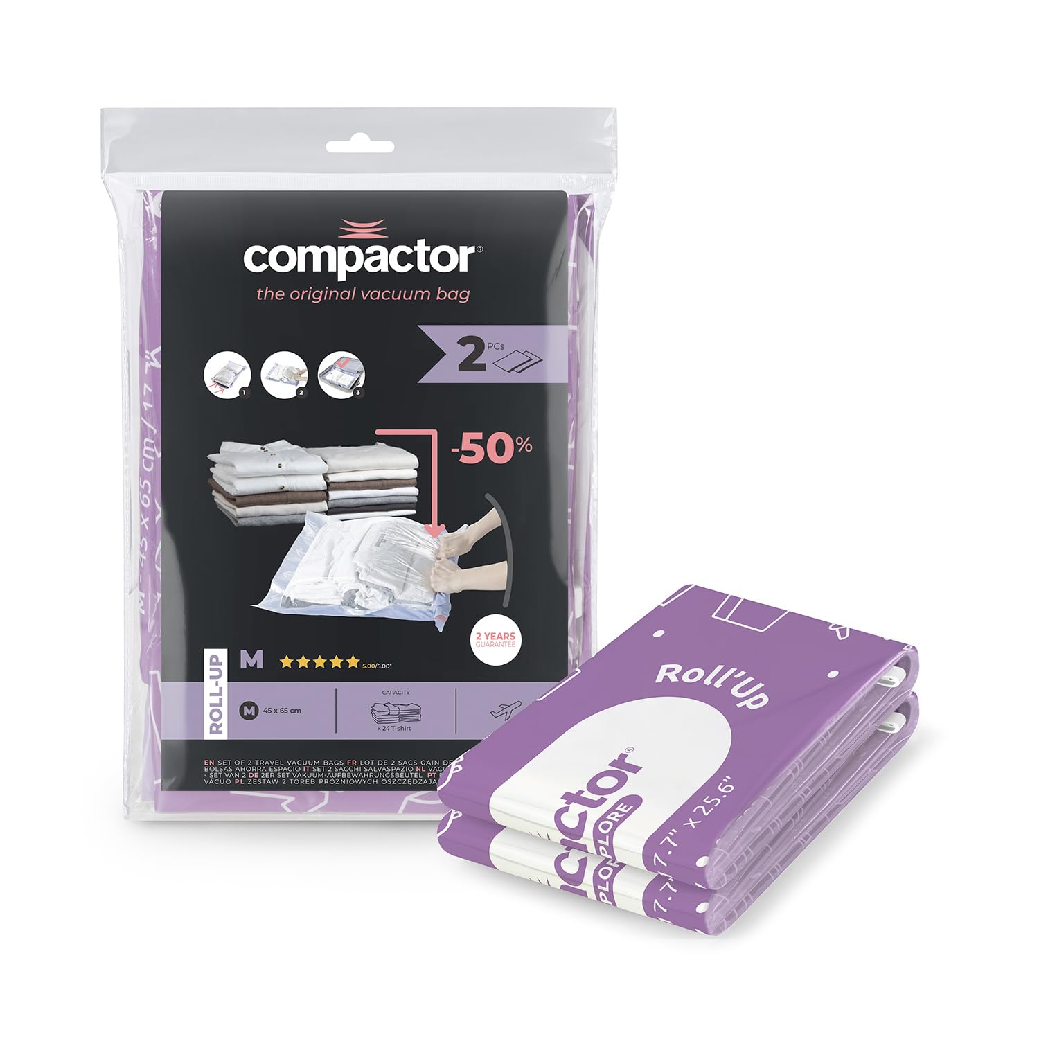 Compactor Set of 2 Roll up M Vacuum Compression Bags - Size M, Violet, 45X85Cm - Space Saving Solution
