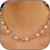 Pearl Necklace Cute Rhinestone Flower Choker Colorful Daisy Pearl Choker Necklace for Women Jewelry