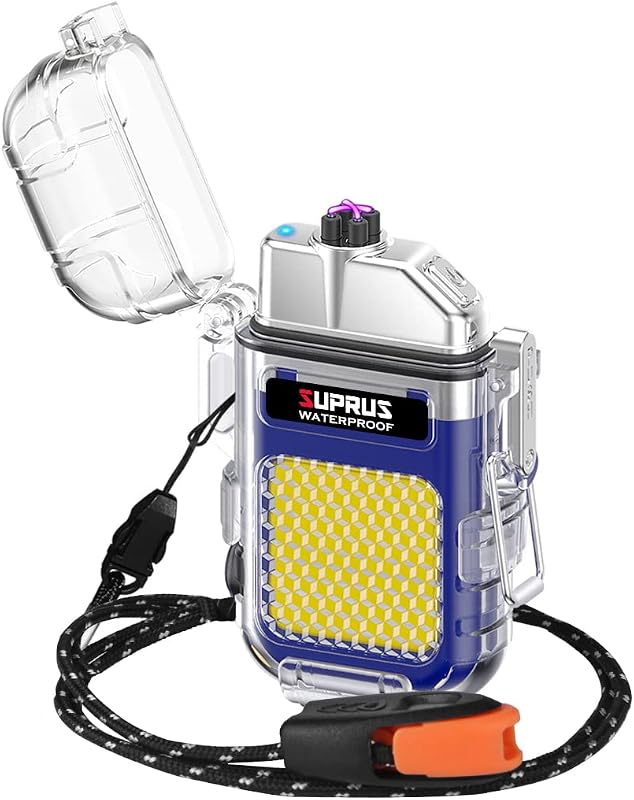 Encendedor impermeable y resistente al viento, doble arco, de plasma, eléctrico, recargable, con silbato de emergencia de supervivencia y cordón, color azul