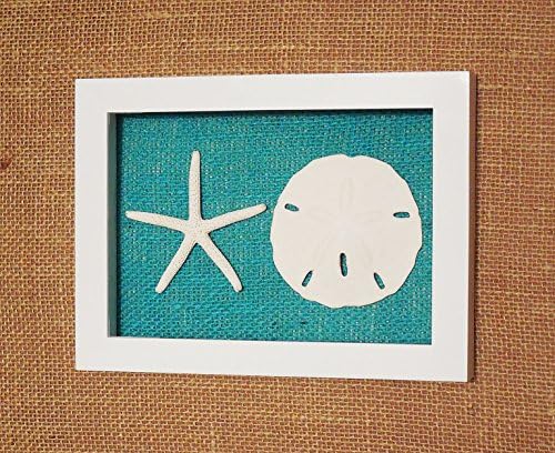 Sand Dollar and Starfish Shadow Box Frame, Shell Beach Decor Wall Art,Glass Enclosed, Many Background Colors, Ready to Hang (1, Aqua Burlap)