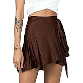 AmorLee Womens Wrap Mini Skirts Casual High Waist Self Tie Knot Silk Satin Short Skater Skirt
