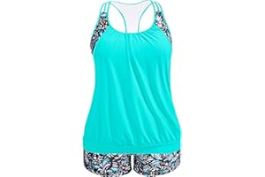 Holipick Plus Size Tankini Swimsuit for Women Two Piece Tummy Control Bathing Suit Blouson Racerback Tankini Top with Shorts
