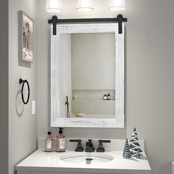 COGOOD FARMHOUSE BATHROOM MIRROR – 30 X 21 RUSTIC WOOD FRAMED WALL BARN DOOR MIRROR FOR ENTRYWAY, LIVING ROOM, VANITY WALL DECOR (WHITE)