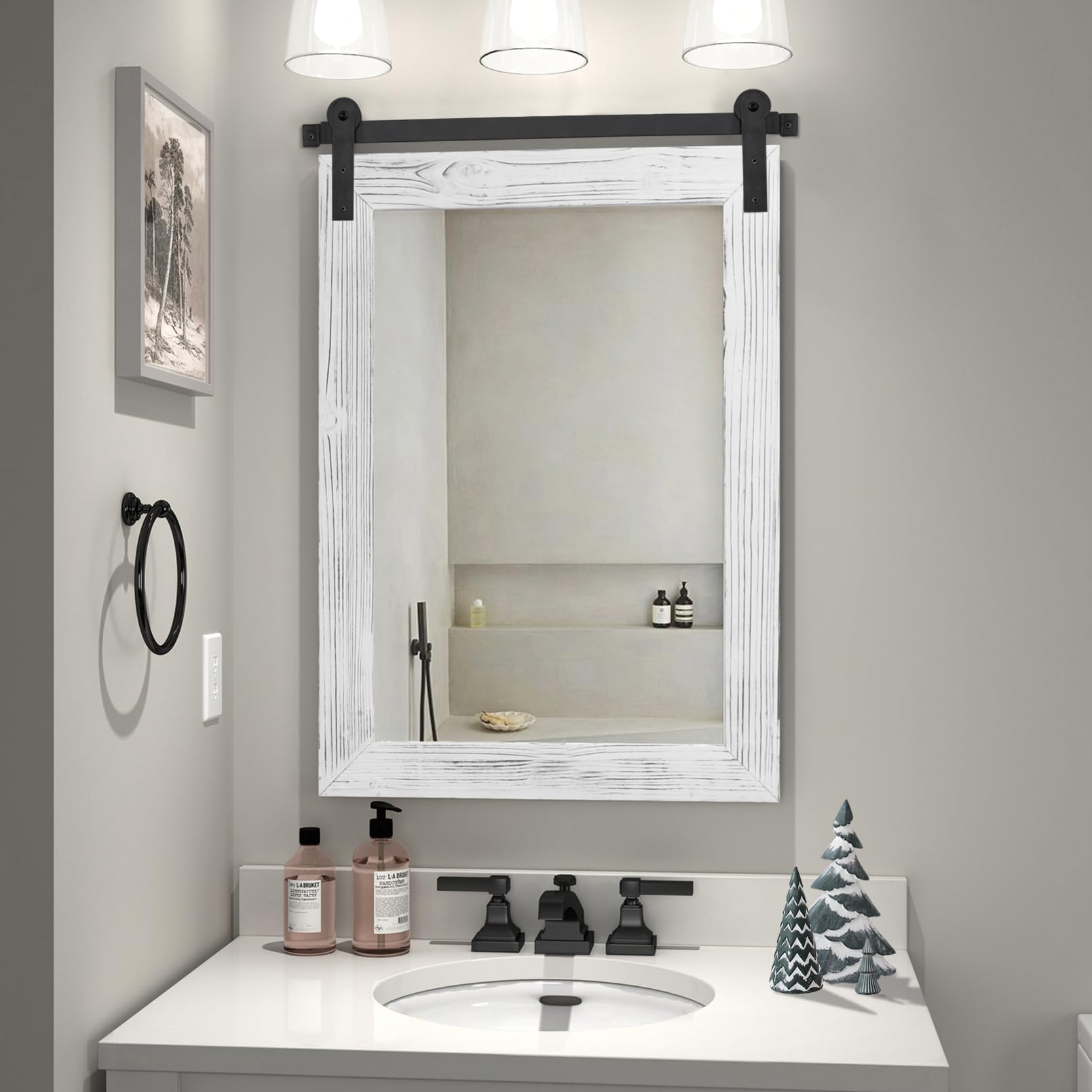 Photo 1 of ***PARTS ONLY***COGOOD Farmhouse Bathroom Mirror - 30 x 21 Rustic Wood Framed Wall Barn Door Mirror for Entryway, Living Room, Vanity Wall Decor (White)
