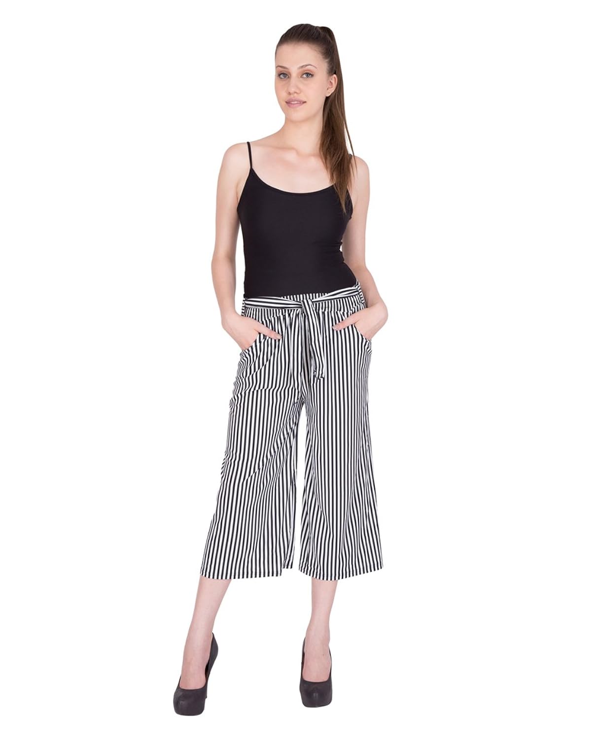 fflirtygo trouser for women, black pin stripes on white wanda, culotte for women