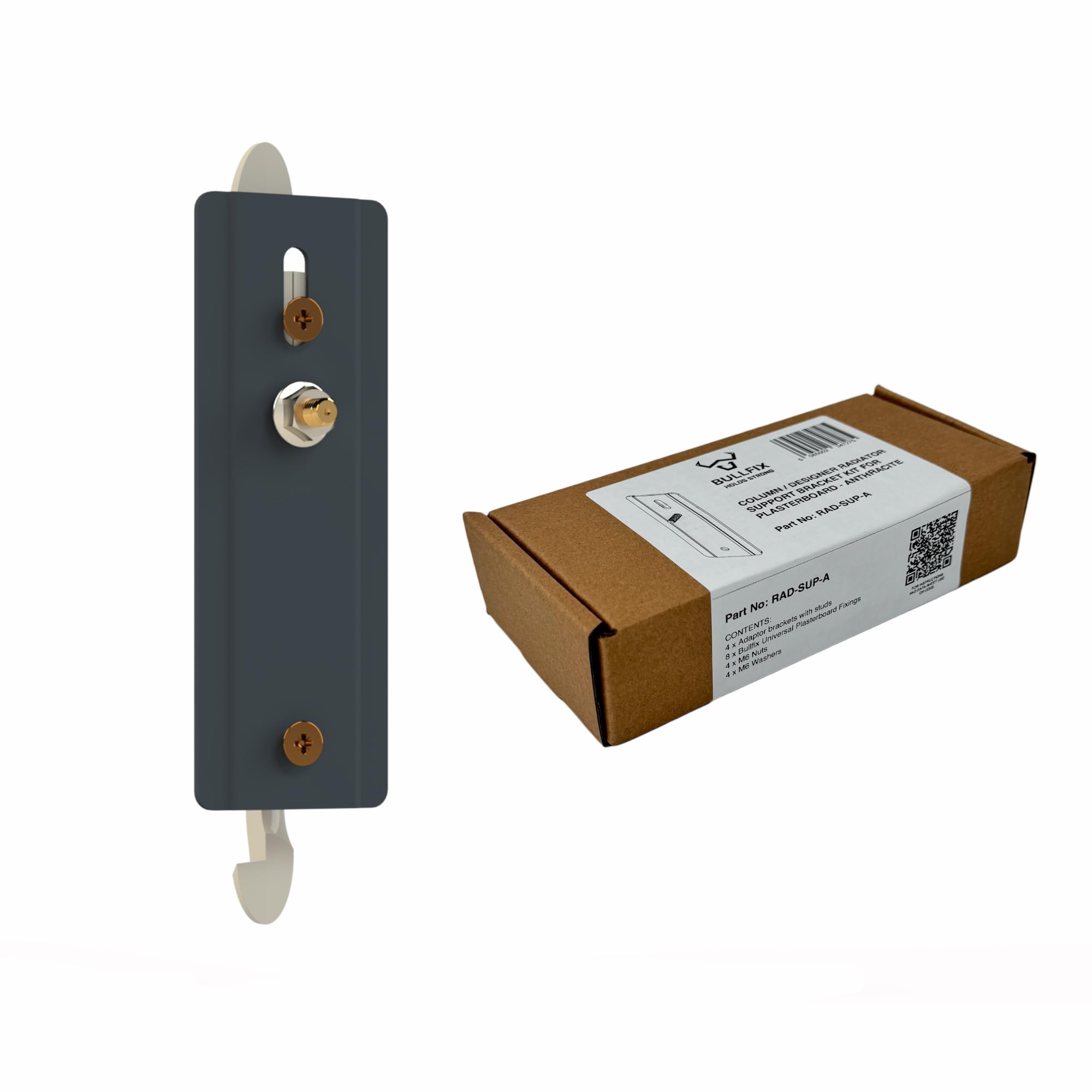 Bullfix Radiator Support Bracket Kit with Heavy Duty Plasterboard Fixings - Secure Column & Designer Radiator Mounting Brackets for Vertical/Horizontal Installation, 4 Pack, Anthracite