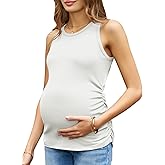 Women's Maternity Tank Tops Summer Sleeveless Crew Neck Ribbed Knit Slim Fitted Blouse Side Ruched Pregnancy Shirts
