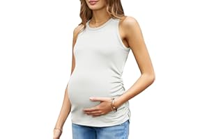 FMEYOA Women's Maternity Tank Tops Summer Sleeveless Crew Neck Ribbed Knit Slim Fitted Blouse Side Ruched Pregnancy Shirts