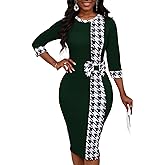 Women's 3/4 Sleeve Round Neck Casual Houndstooth Bodycon Wear to Work Pencil Sheath Midi Dresses