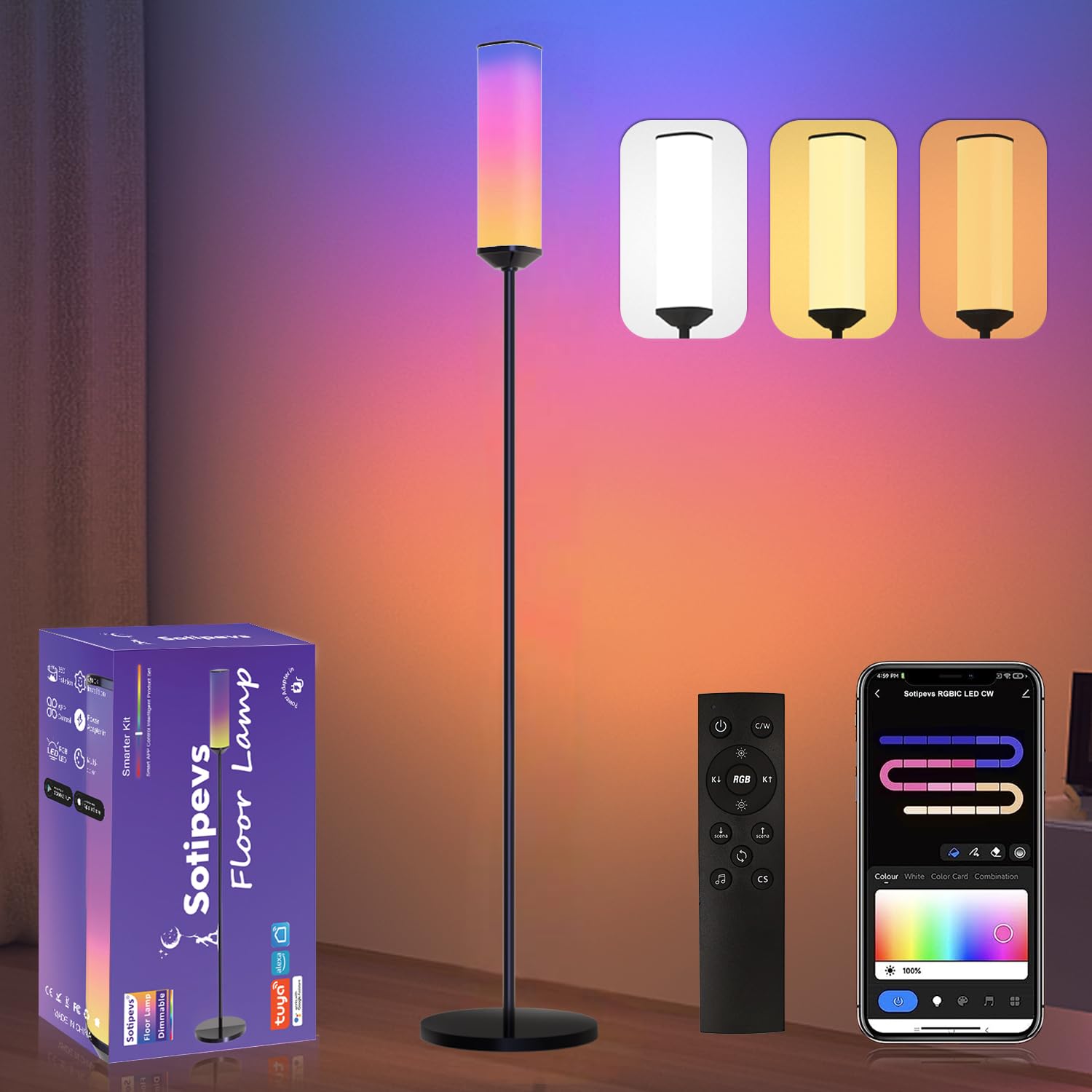 Photo 1 of Sotipevs RGB Floor Lamp with Remote Control, 65" LED Corner Lamp Works with Alexa, 1200 Lumens Bright Lamp for Office, 44+ Scenes, DIY Mode, Music Sync, Modern Floor Lamp for Bedroom, Living Room