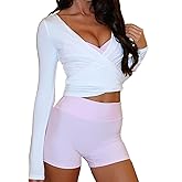 Women Pilates Wrap Top Long Sleeve Workout Yoga Shirt Cross Self Tie Going Out Crop Tops