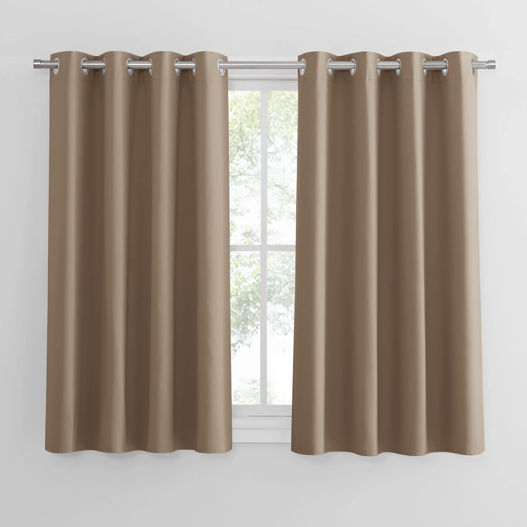 PONY DANCE Eyelet Top Thermal Blackout Curtains 52-Inch Wide by 45-Inch Drop Privacy Short Curtains Window Treatments Room Darkening Drapes for Infant Room, Bedroom, Kitchen, 2 Pieces, Mocha