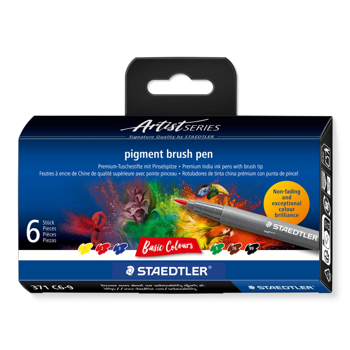 STAEDTLER 371 C6-9 Pigment Arts Brush Pen - Assorted Basic Colours (Pack of 6)