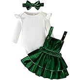 Noubeau Baby Girls Christmas Outfits Long Sleeve Onesie Romper+Velvet Suspender Skirt Set+Headband 3Pcs Fall Winter Clothes