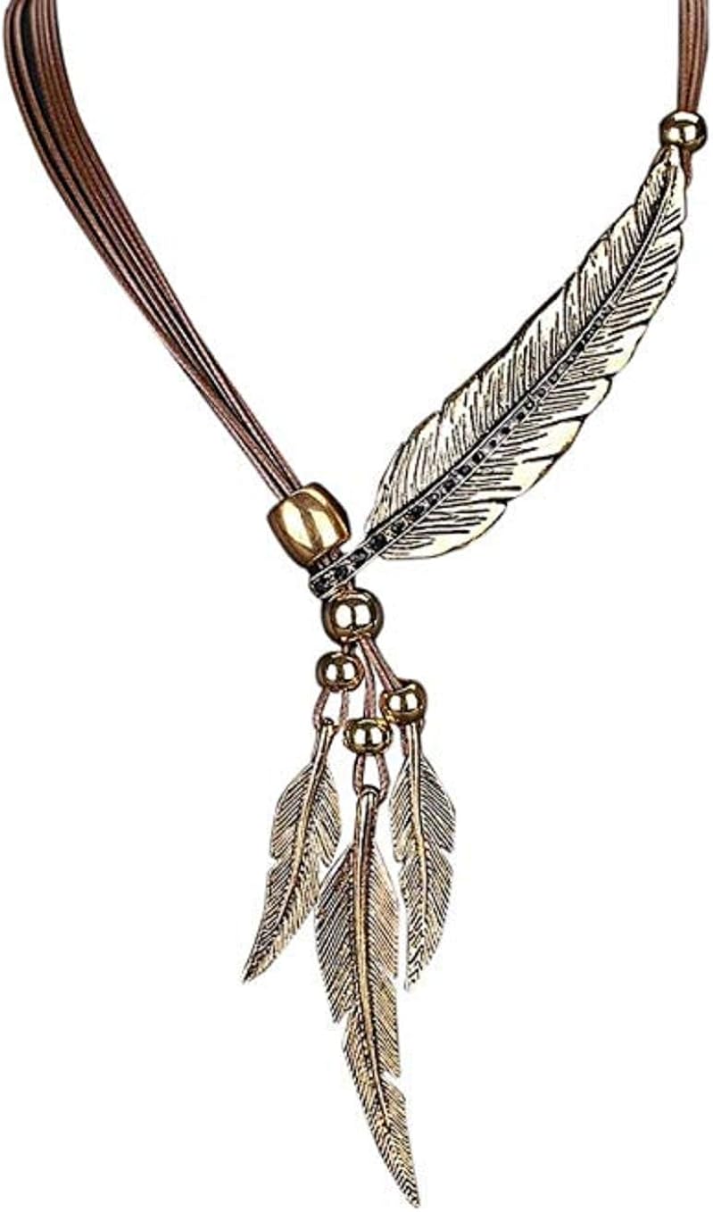 Wcysin Brown Women Girls Antique Vintage Time Necklace Sweater Chain Pendant Feather Pendant Necklace Brown and Gold - Image 3
