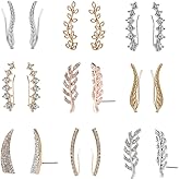 MERNARLAR 9 Pairs Gold Silver Rose Gold Crystals Ear Cuffs Earrings Simple Chic Hollow Leaf Crystal Ear Crawlers Earrings Set Hypoallergenic Earring