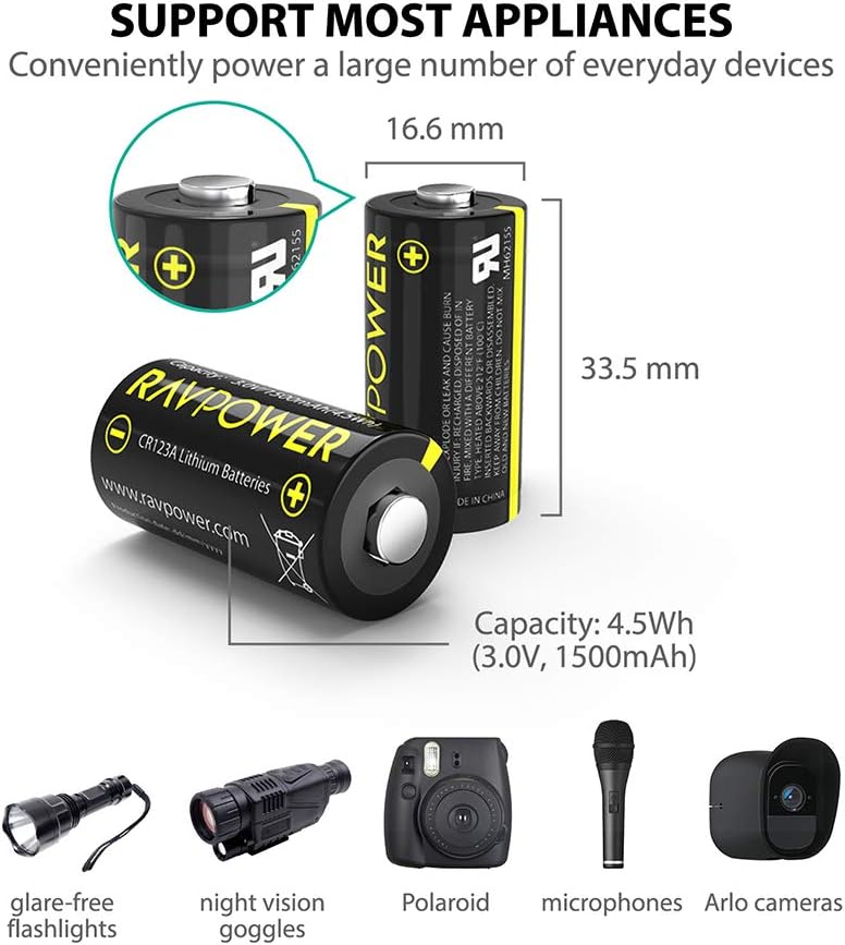 CR123A 3V Lithium Battery RAVPower Non-Rechargeable Lithium Batteries [16 Pack 1500mAh Each] 10 Years of Shelf Life for Arlo Cameras Polaroid Flashlight Microphones [CAN NOT BE RECHARGED] : Camera & Photo