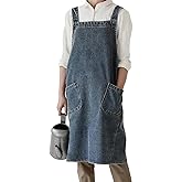 BCHWAY FAMILY Denim Apron with Large Pockets for Cooking Kitchens, Gardening Aprons for Women Men, Bib Jean Apron for Arts Cafe Work (Style B, Deep Blue)