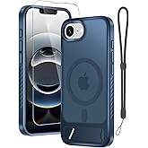 RMOCR for iPhone 16e Case & iPhone 17e Case with Screen Protector+Lanyard Wrist Strap,Magnetic Translucent Matte Rugged Slim Phone Cover Built in Invisible Kickstand [Fit for MagSafe],Navy Blue