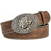 Yalice Western Brown Belt for Women Men Heart Buckle Leather Belts Cowgirls Cowboy Vintage Waist Belts for Jeans