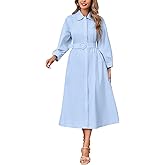 YEXPINE Women Button Down Shirt Dress 3/4 Sleeve V Neck Collared Midi Dress Belted A Line Shirtdress with Pockets