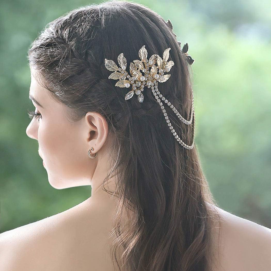 Brishow Bride Wedding Hair Comb Gold Leaf Bridal Head piece Chain Rhinestone Pearl Accessories for Women and Girls