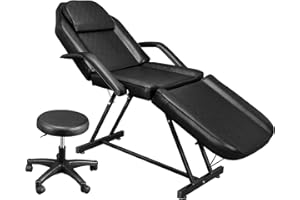 OmySalon Massage Salon Tattoo Chair Esthetician Bed with Hydraulic Stool,Multi-Purpose 3-Section Facial Bed Table, Adjustable Beauty Barber Spa Beauty Equipment, Black