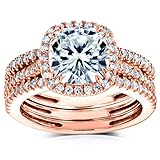 Cushion Brilliant Moissanite and Diamond Halo Bridal Wedding Rings Set 2 1/2 CTW 14k Rose Gold (FG/VS