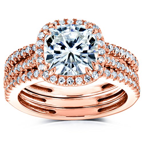 Cushion Brilliant Moissanite and Diamond Halo Bridal Wedding Rings Set 2 1/2 CTW 14k Rose Gold (FG/VS