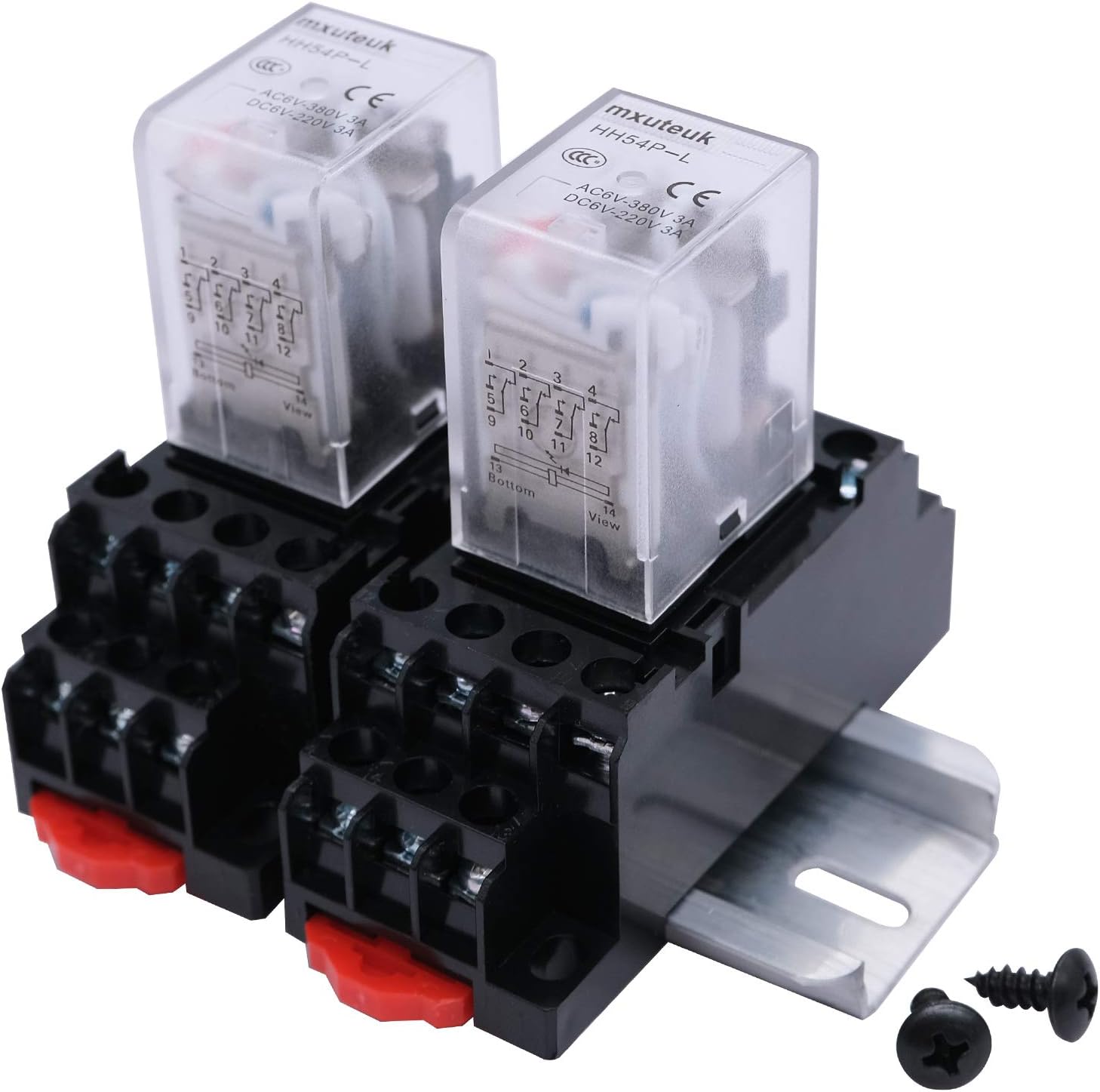 mxuteuk 2pcs HH54P AC 220V/240V LED Indicator Electromagnetic Power Relay 14 Pin 3A Coil Relays 4PDT with Socket Base,with DIN Slotted Aluminum Rail