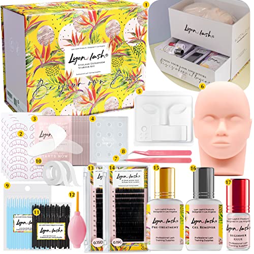 Lyon Lash Eyelash Extension Kit - Professional Individual & Beginner Supplies with Mannequin, Glue, Remover, Pretreatment - Perfect Lashes & Lash Practice Kit