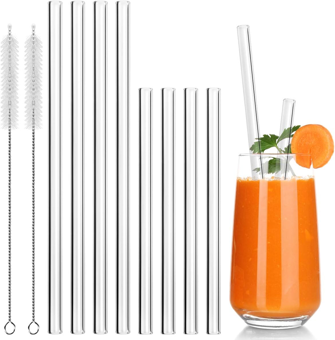 Reusable Glass Straw Eco Friendly Straight Drinking Straws for Smoothie, Cocktail and Hot Drinks - Set of 8 with 2 Cleaning Brushes (2 Size)
